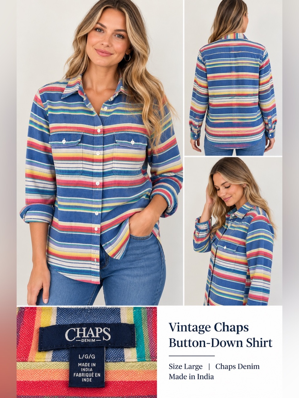 90s VTG Chaps Denim Ralph Lauren Striped Button-Down Shirt – Size L 100% Cotton